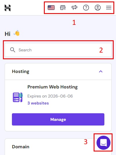 Hostinger mobile dashboard with search bar and support chat button highlighted