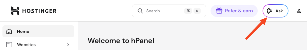 Hostinger hPanel with the Ask button highlighted in the top bar