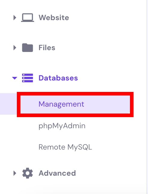 Hostinger hPanel Databases menu with Management highlighted