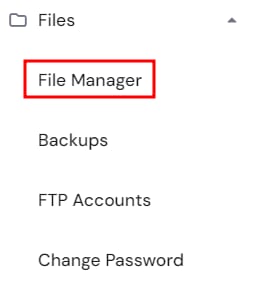 Hostinger files menu with File Manager highlighted