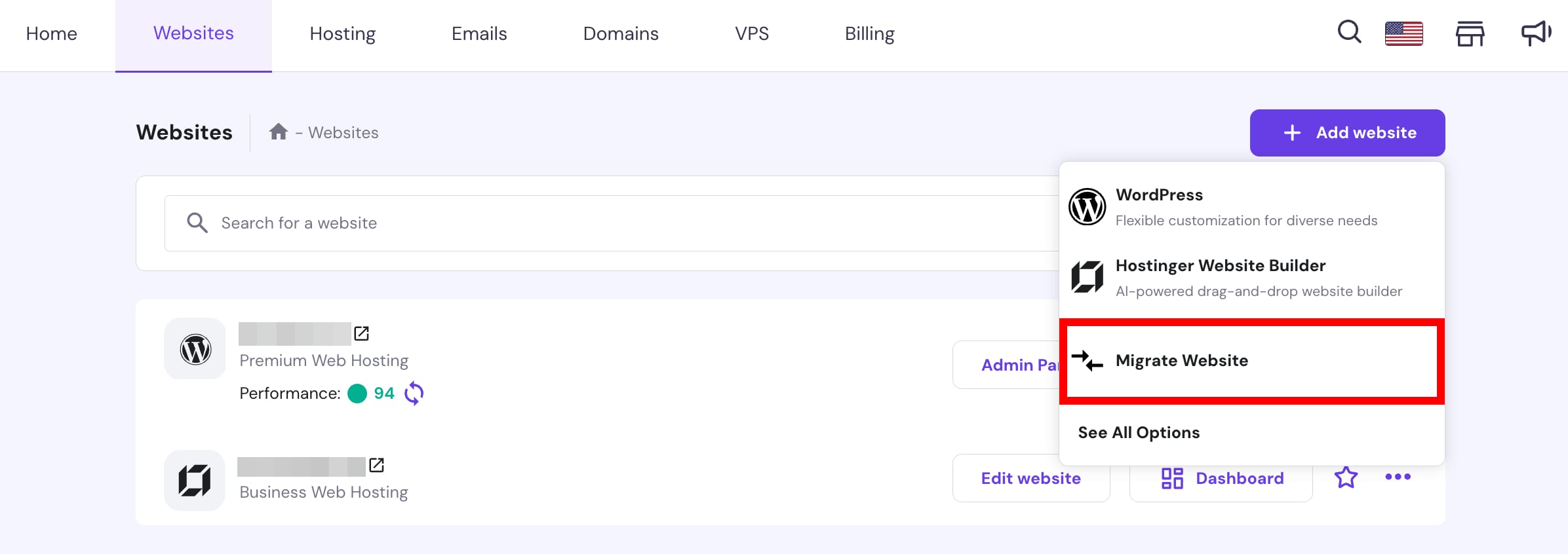 Hostinger Websites menu with Migrate Website option highlighted in the Add website popup