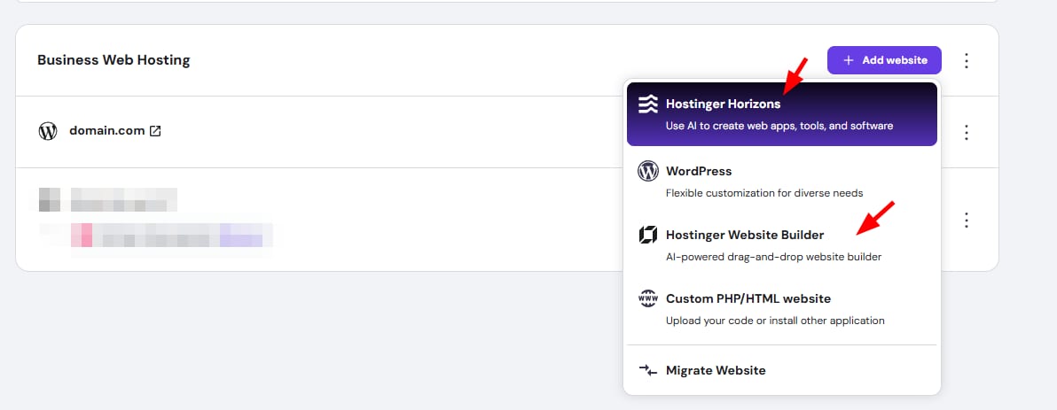Hostinger add website menu with Hostinger Horizons and Website Builder highlighted