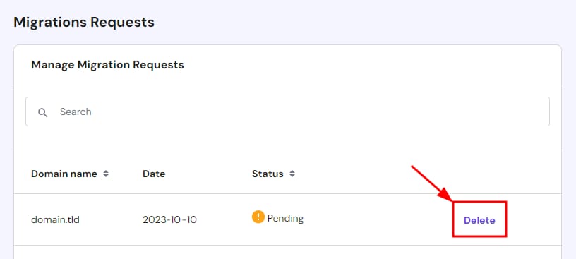 Hostinger migration requests page with the Delete button highlighted for a domain row