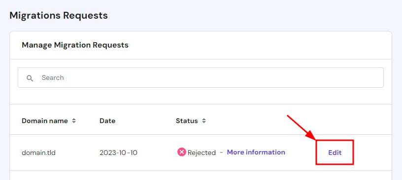 Migration Requests page with the Edit button highlighted for a rejected domain request