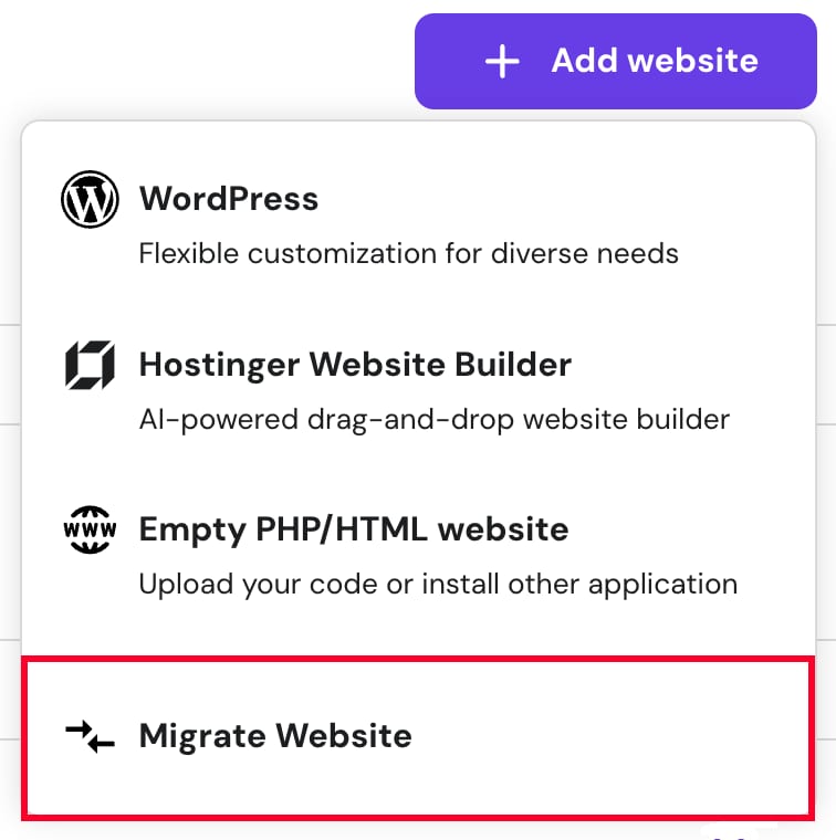 Hostinger hPanel add website menu with Migrate Website option highlighted