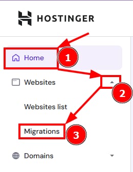 Hostinger sidebar with the Migrations menu item highlighted under Websites