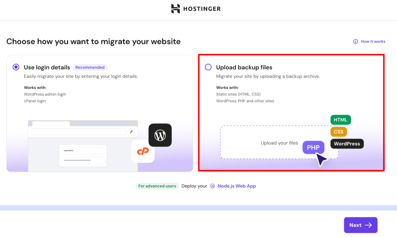Hostinger migration option selected: Upload backup files for WordPress, PHP and static sites