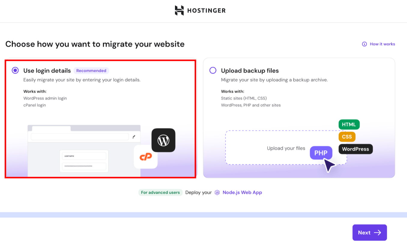 Hostinger website migration step with selected "Use login details" option and Recommended label