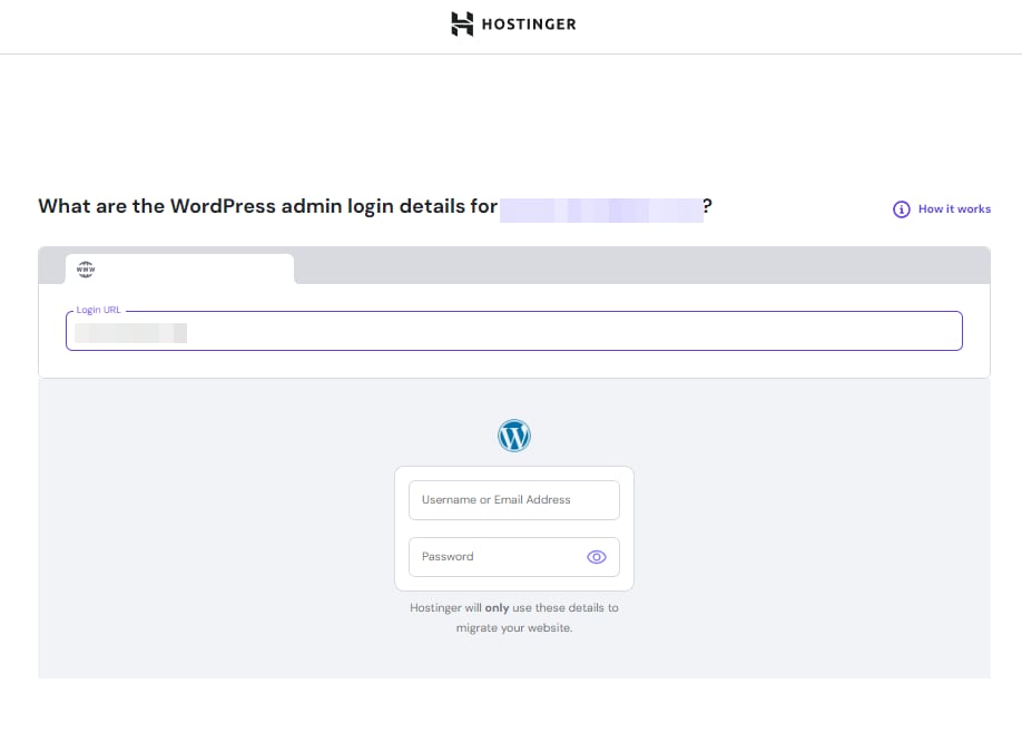 WordPress migration form asking for admin login details and login URL
