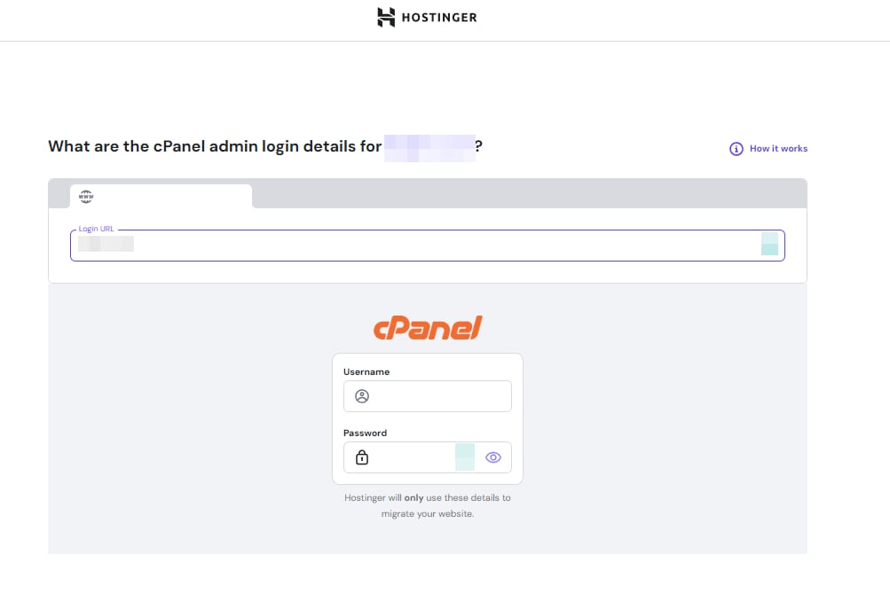 Hostinger migration form showing cPanel login details fields for website access