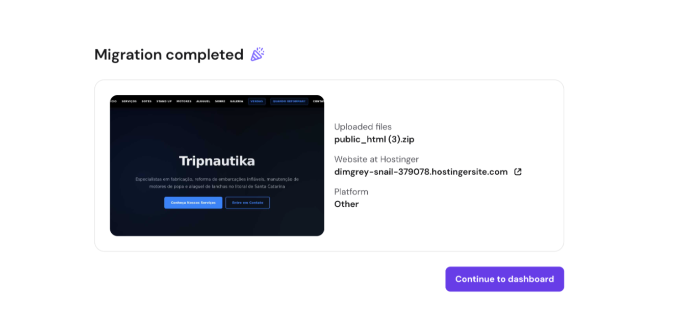 Hostinger migration completed for Tripnautica website, with Continue to dashboard button