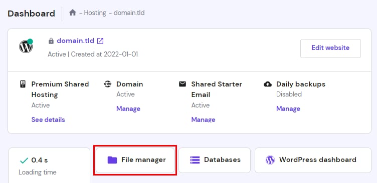 Hosting dashboard with File manager button highlighted in red