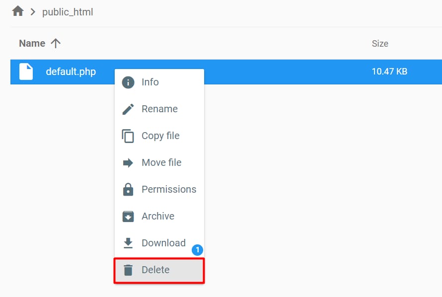 File manager in public_html with default.php selected and Delete option highlighted