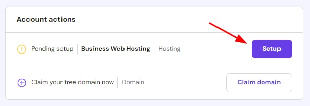 Business Web Hosting setup button highlighted in account actions