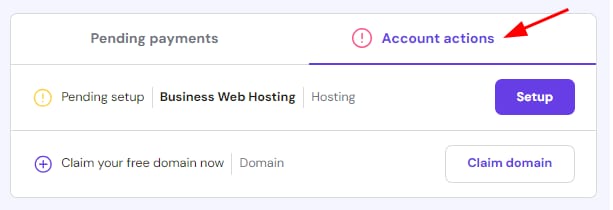 Business Web Hosting setup page with Account actions highlighted at the top right
