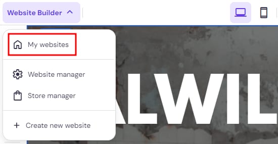 Website Builder dropdown with My websites option highlighted