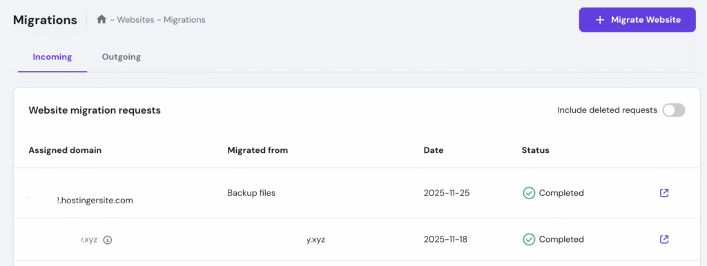 Hostinger migrations page showing completed incoming migration requests in the table