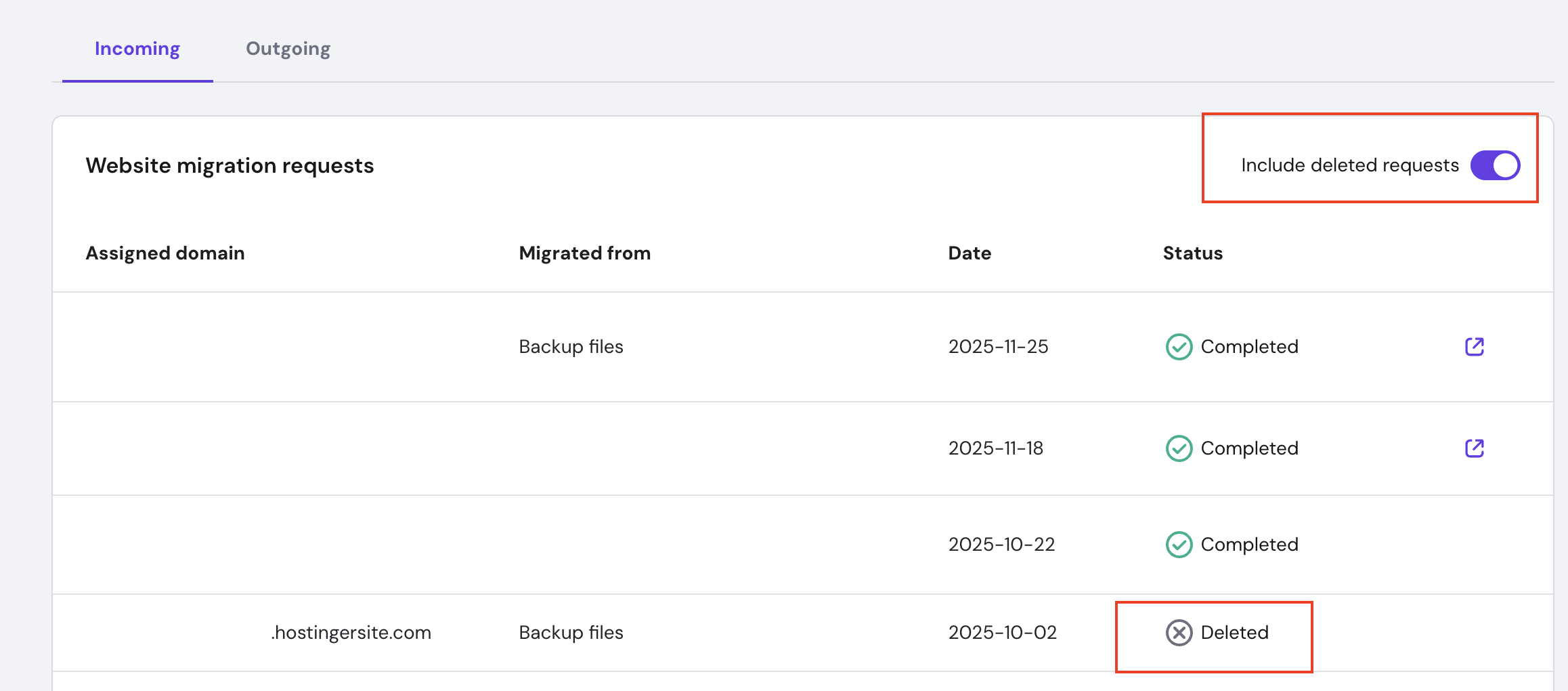 Hostinger website migration requests list with Include deleted requests toggle and a deleted status row highlighted