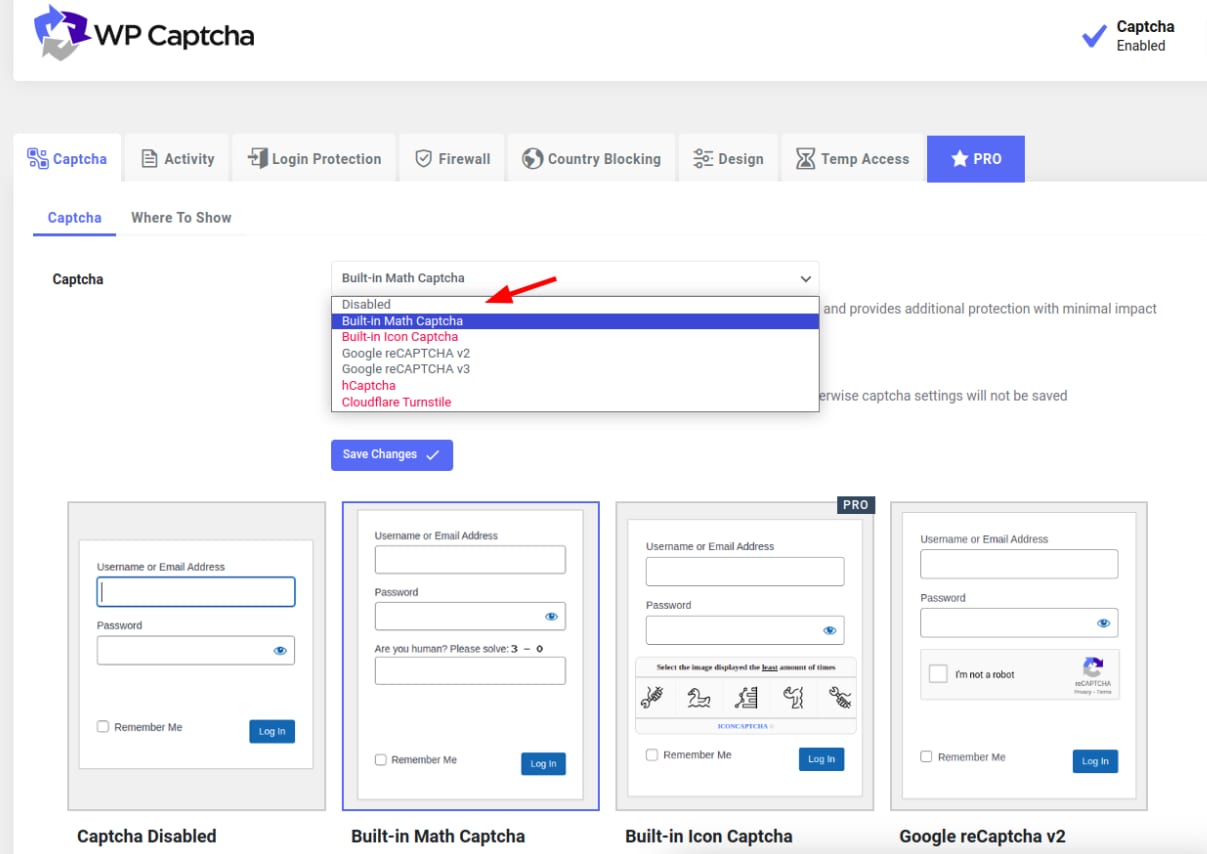 WP Captcha settings dropdown with Disabled option highlighted for captcha selection