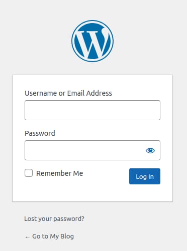 WordPress login form with username, password, remember me checkbox, and Log In button