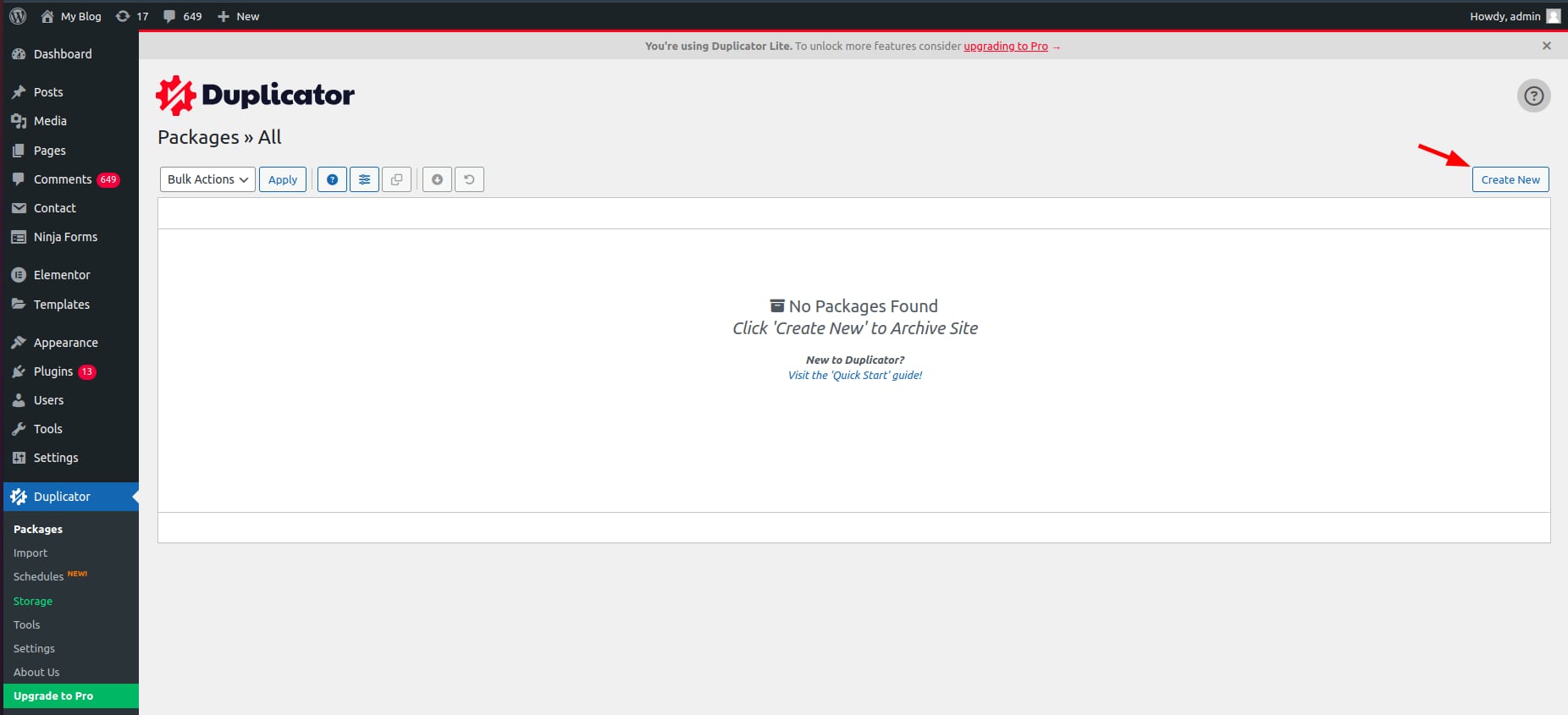 Duplicator plugin Packages page with Create New button highlighted