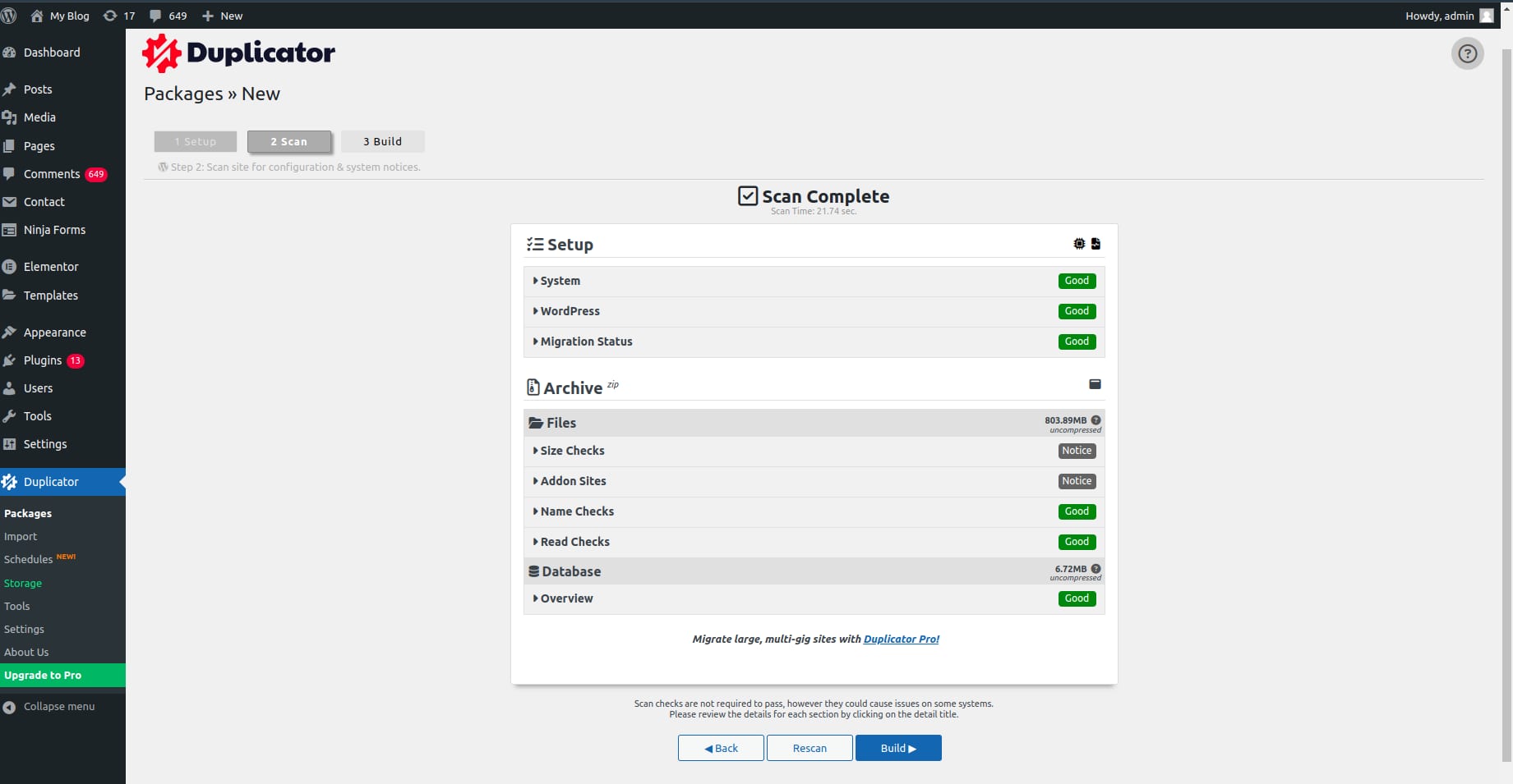 Duplicator plugin scan complete on WordPress package setup page with Build button highlighted