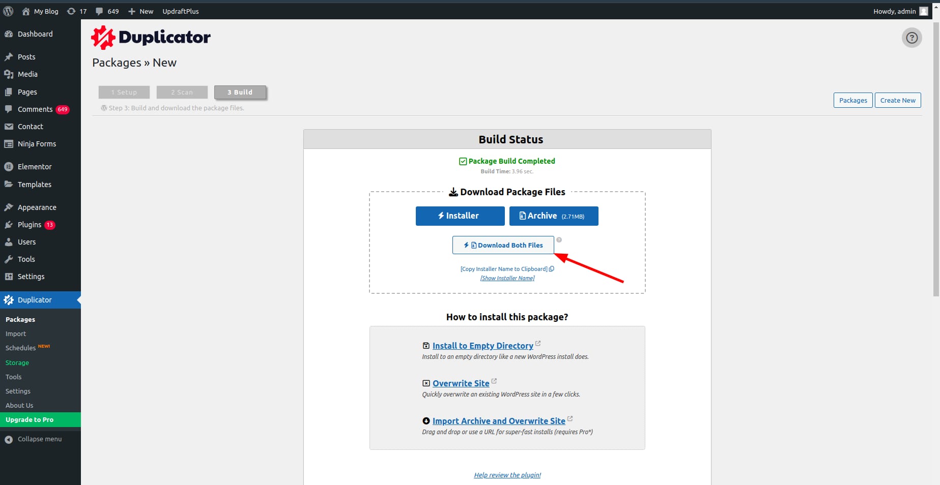 WordPress Duplicator package build screen with Download Both Files button highlighted
