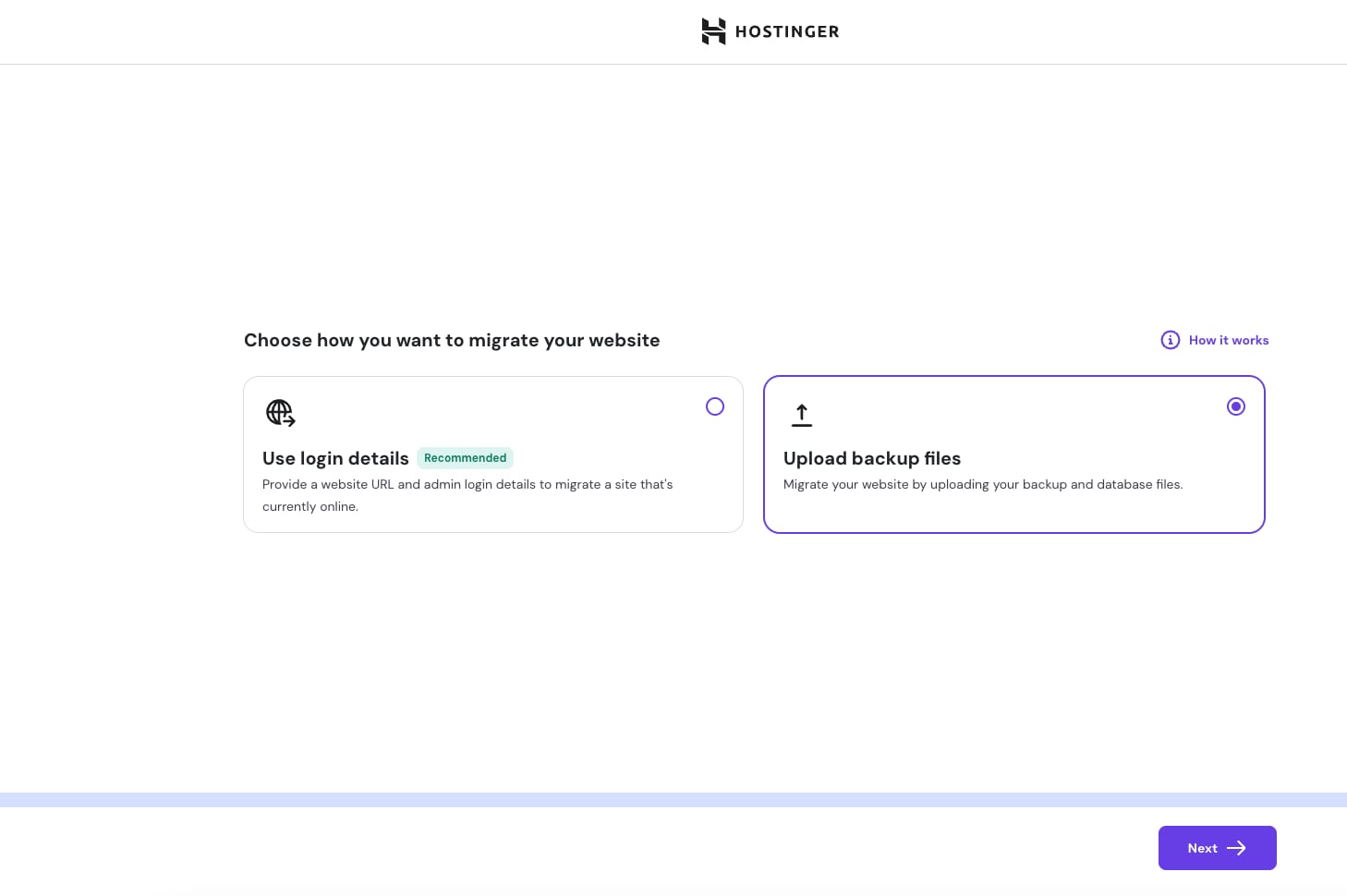 Hostinger migration screen with Upload backup files option selected and Next button