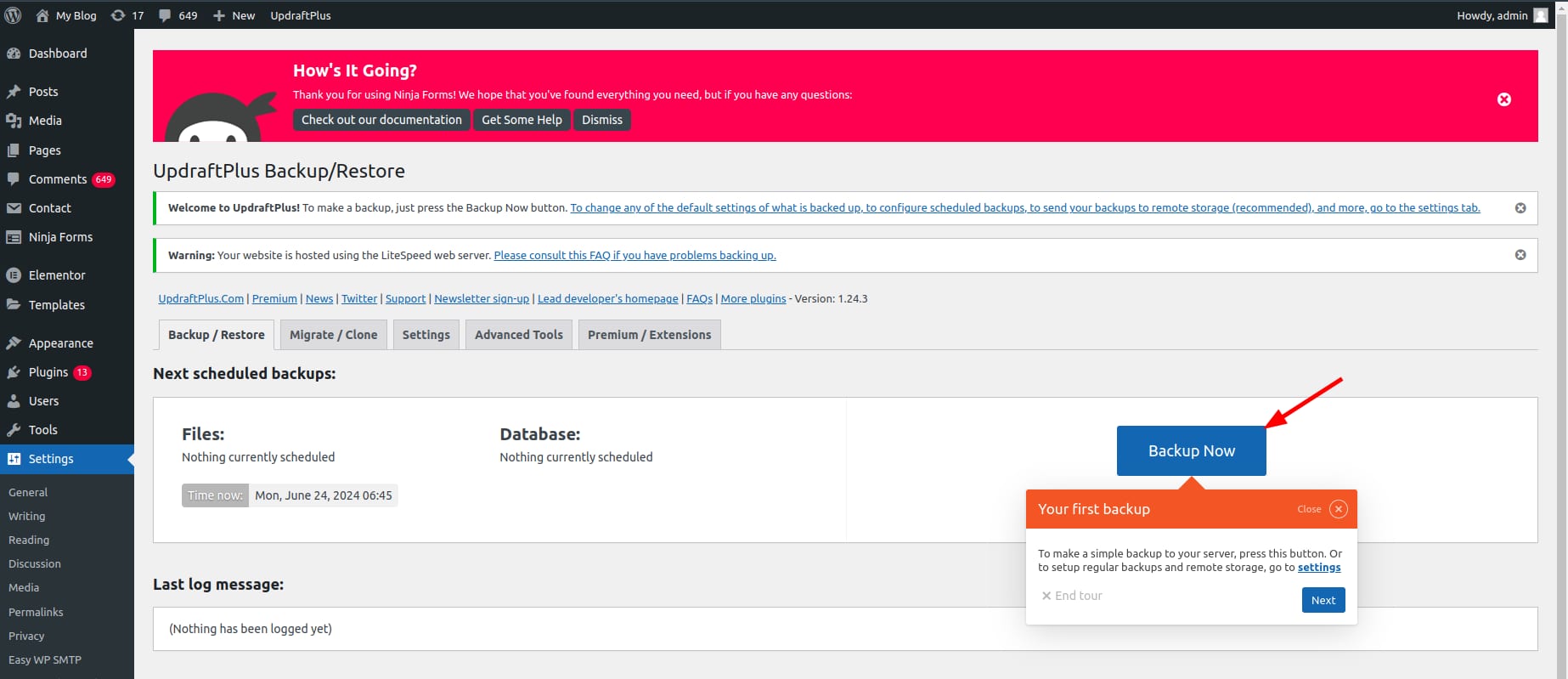 UpdraftPlus backup page with the Backup Now button highlighted