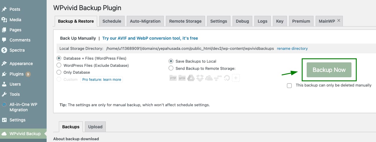 WPvivid Backup Plugin Backup Now button highlighted in WordPress dashboard