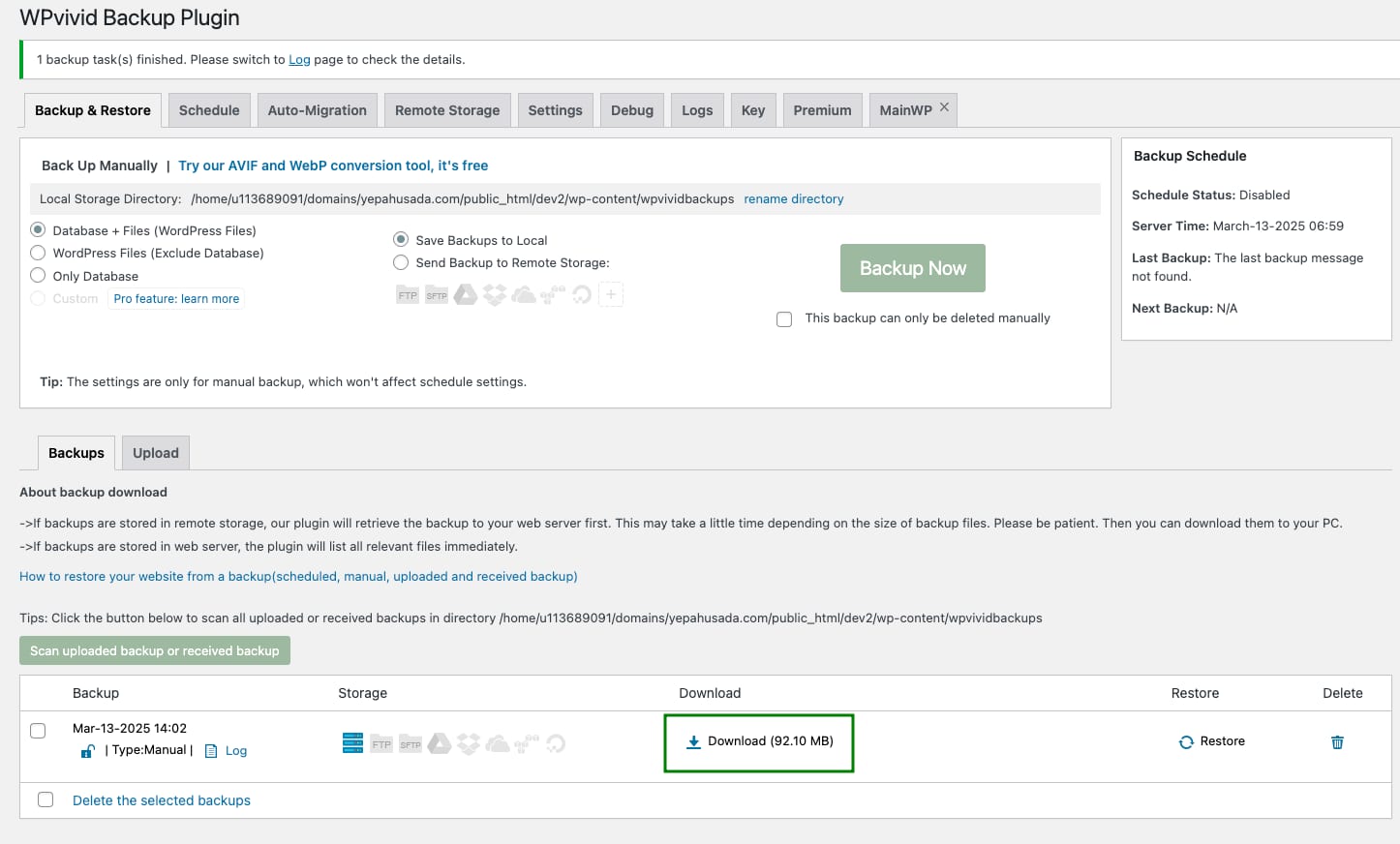 WPvivid Backup Plugin with the Download backup button highlighted in the backups list