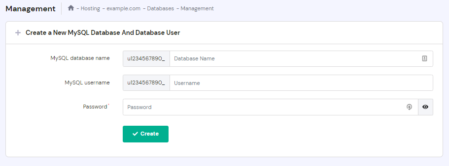 MySQL Database panel