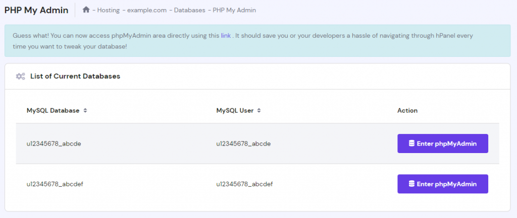 phpMyAdmin database panel