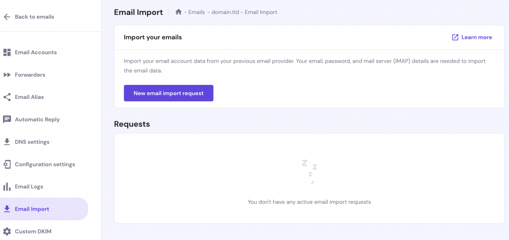 Email Import dashboard within hPanel