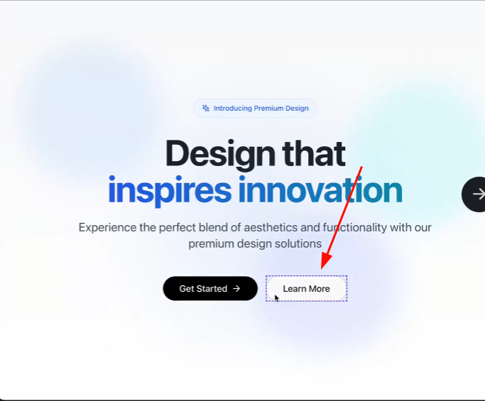 Learn More button highlighted in a design landing page hero section
