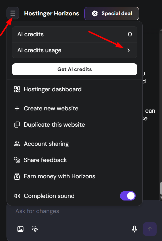 Hostinger Horizons menu with AI credits usage option highlighted