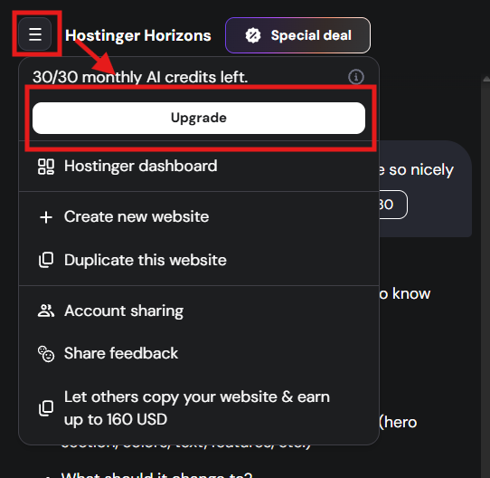 Hostinger Horizons change image dialog with Upload new image option and disabled Save button