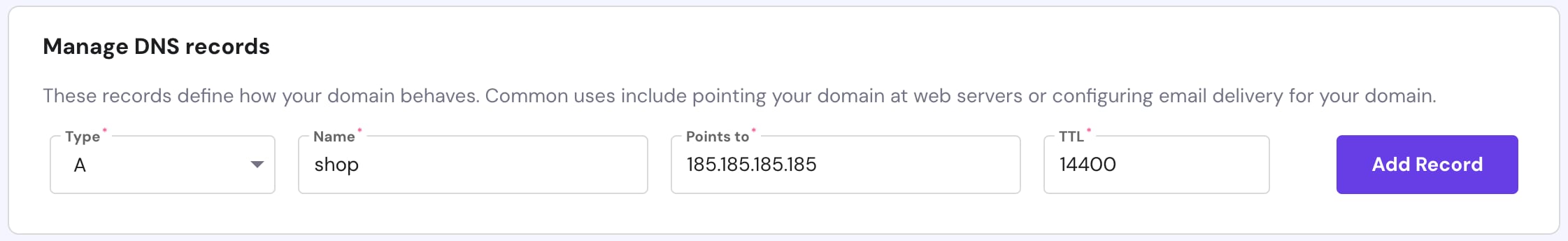 Hostinger Horizons DNS record form with A record, shop name, IP address, and Add Record button