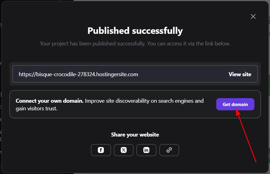 Horizons publish success modal with the Get domain button highlighted