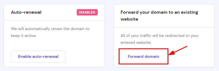 Hostinger Horizons domain management, forward domain button highlighted