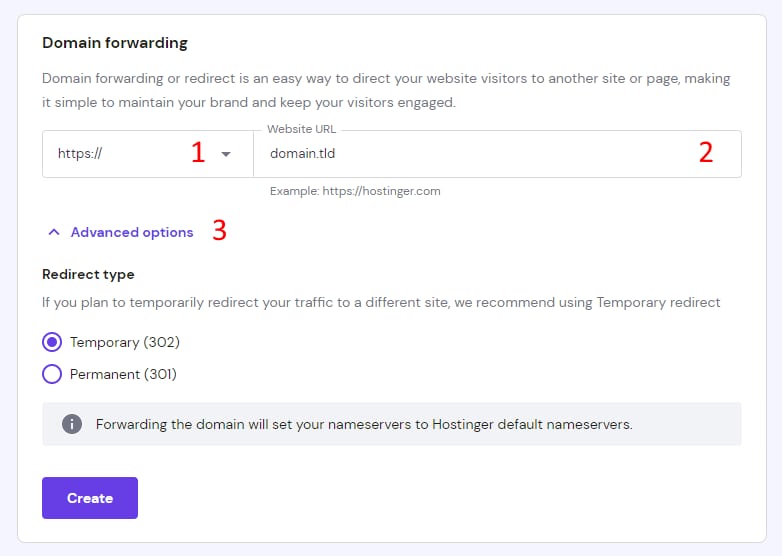 Hostinger domain forwarding setup with advanced options expanded and Temporary (302) selected
