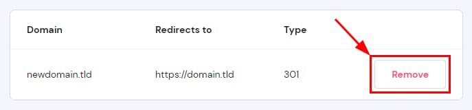Hostinger Horizons domain management showing the Remove button for a domain redirect