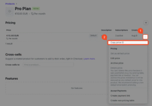 Hostinger Pro Plan pricing menu with Copy price ID option highlighted