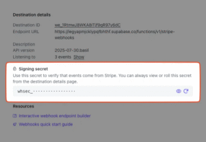 Stripe signing secret field highlighted in destination details