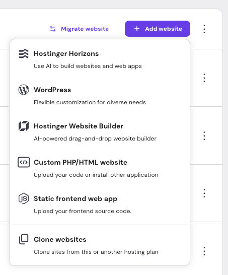 The Add website button showing the website options in Hostinger hPanel