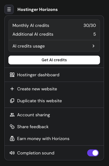 Hostinger Horizons side menu with AI credits and completion sound toggle enabled