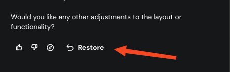 Hostinger Horizons interface showing the Restore button highlighted by an orange arrow