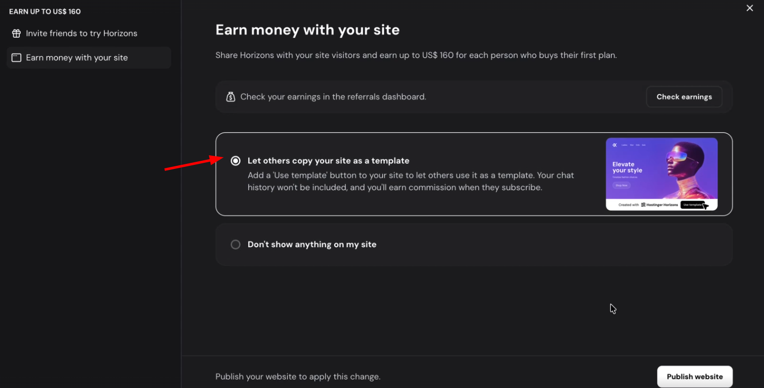 Hostinger Horizons option selected: let others copy your site as a template