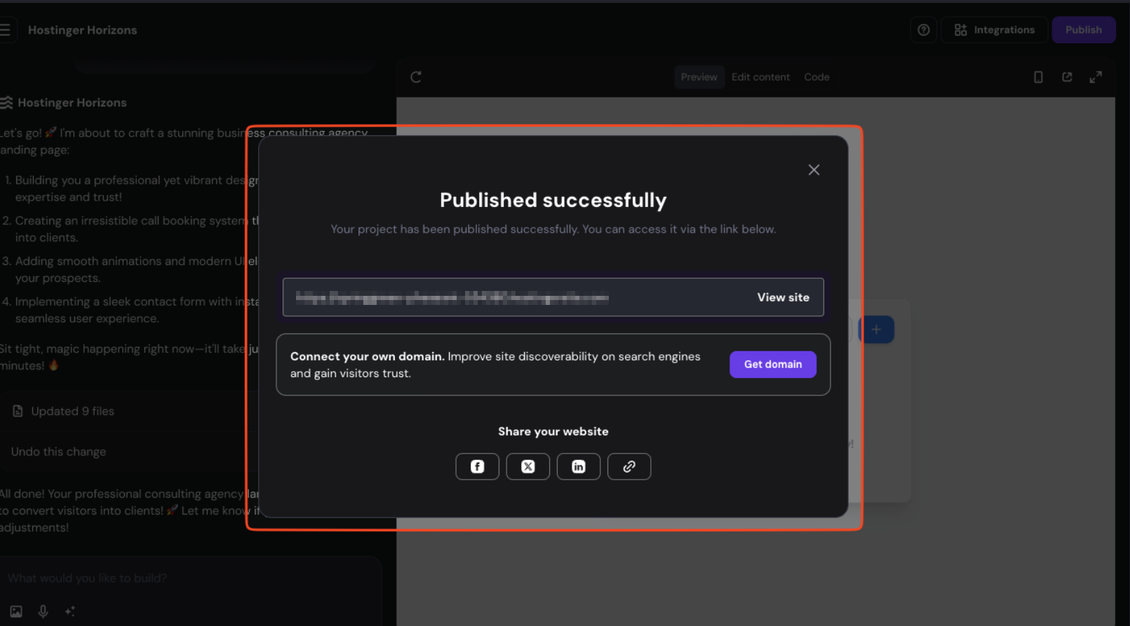 Hostinger Horizons publish success popup with Get domain button highlighted