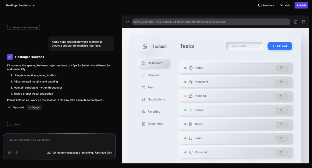 Asking Hostinger Horizons to adjust spacing in prompts